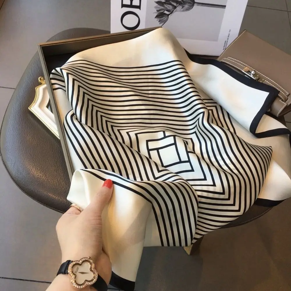 Fashion Square Silk Scarf 70*70cm Black White Hair Scarf Stripes Dots Flower Handbag Wraps Bandana Spring Summer Fall