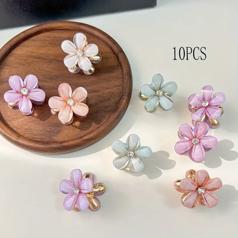10 Stück kleine dekorative Blumenclips aus Legierung für die Stirnseite, die Pony und Prinzessinnenfrisuren.