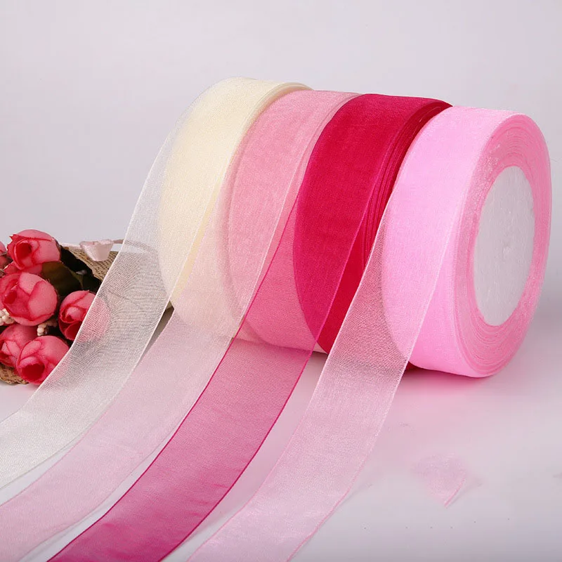 2.5cm 45 미터/롤 쉬어 리본 오간자 새틴 리본, 선물 포장 장식 웨딩 부케 파티 화환 레이스