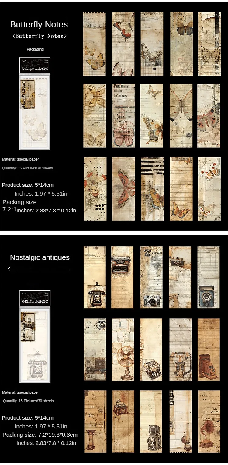 30 Stück pro Packung, Materialpapier, spezielle Vintage-Nostalgie-Sammlung, DIY-Collage, Bodenbelag, Notizbücher, Blöcke, Sammelalbum, geschnitten, 198 x 72 mm – Detail 7