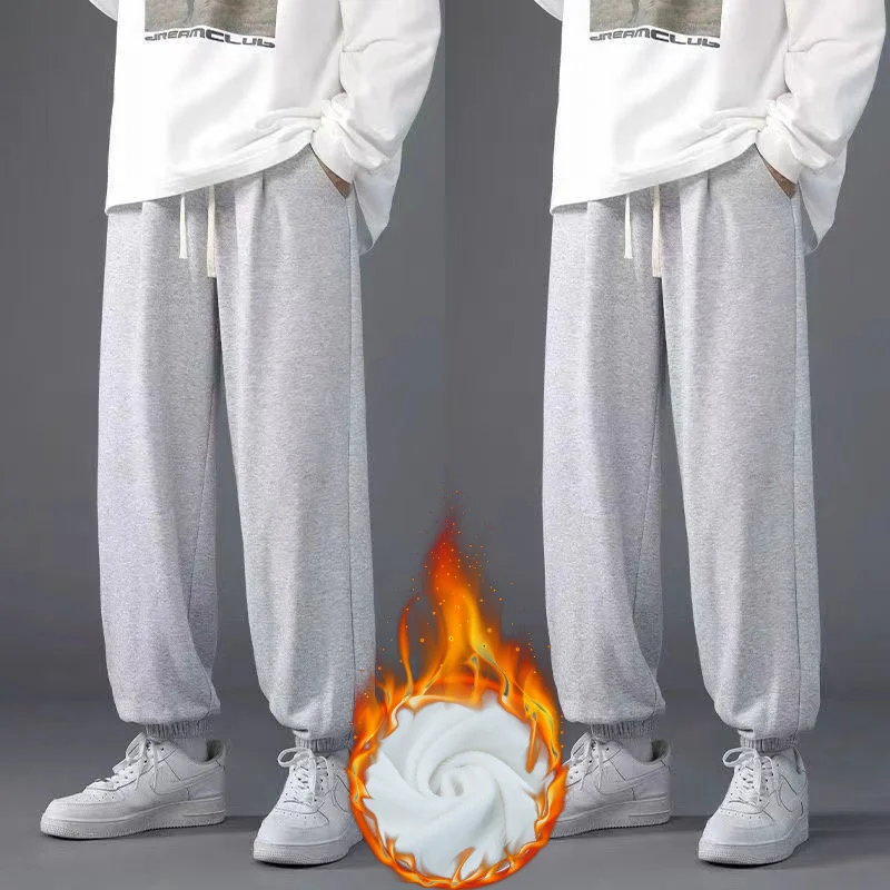 Autumn Winter New Fleece Thickened Tight Pants Men Trendy Versatile Sports Casual Drawstring Patchwork Pocket Straight Trousers