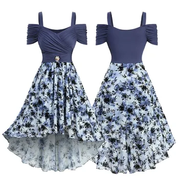 Plus Size Cold Shoulder High Low Tank Dress Flowers Tie Dye Print Ruched Shell Buckle Dress Spring,Summer Vestidos Blue
