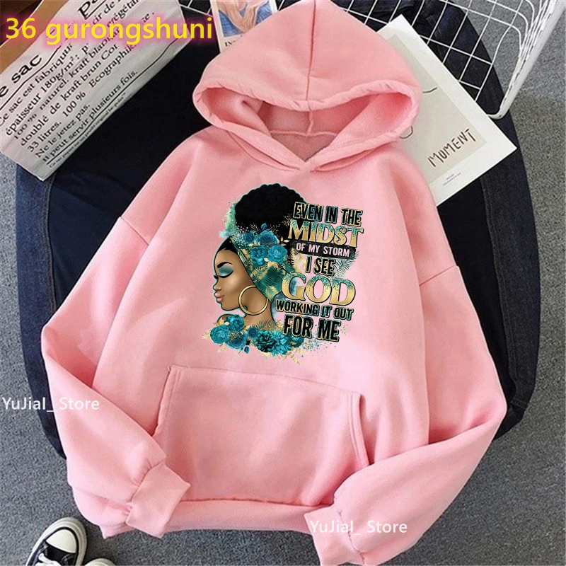 Pink Even In The Midst Of My Storm I See God Working It Out For Me Print Hoodie Women'S Clothing Black Girl Sweatshirt Coat