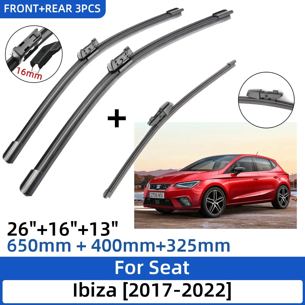 

3PCS For Seat Ibiza 2018-2020 26"+17"+13" Front Rear Wiper Blades Windshield Windscreen Window Cutter Accessories 2018 2019 2020