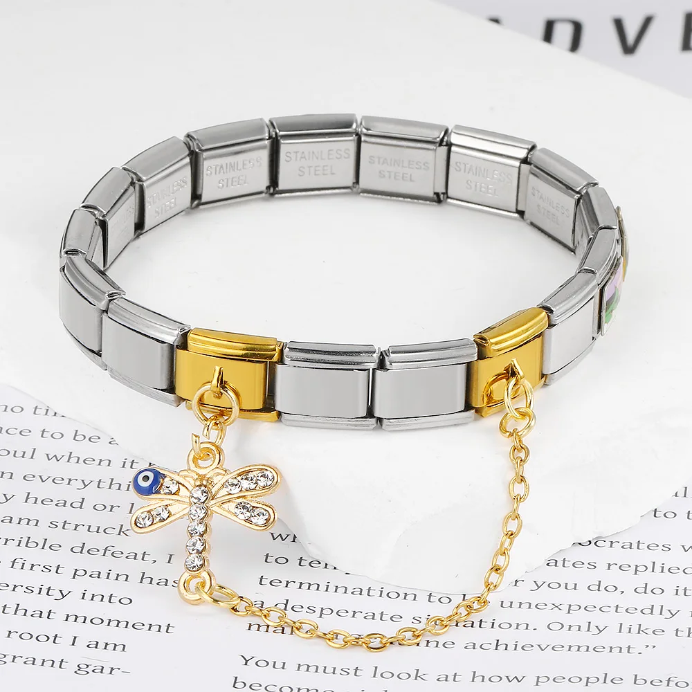 URING Design Hängekette Libelle Palm Evil Eyes Edelstahl Italienischer Charm Link Fit 9mm DIY Herstellung Anhänger Armband Geschenk – Detail 7