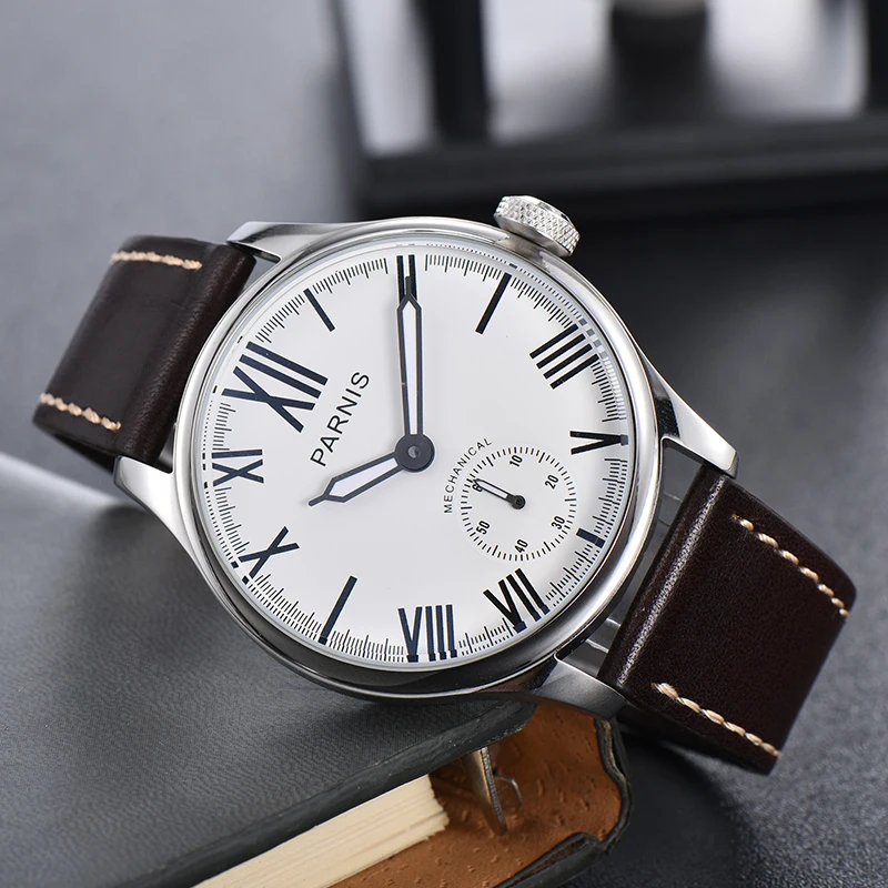 

Fashion Parnis 44mm Silver Case Hand Winding Mechanical Men Watch Leather Strap Hand Wind Wristwatches For Men reloj hombre 2024