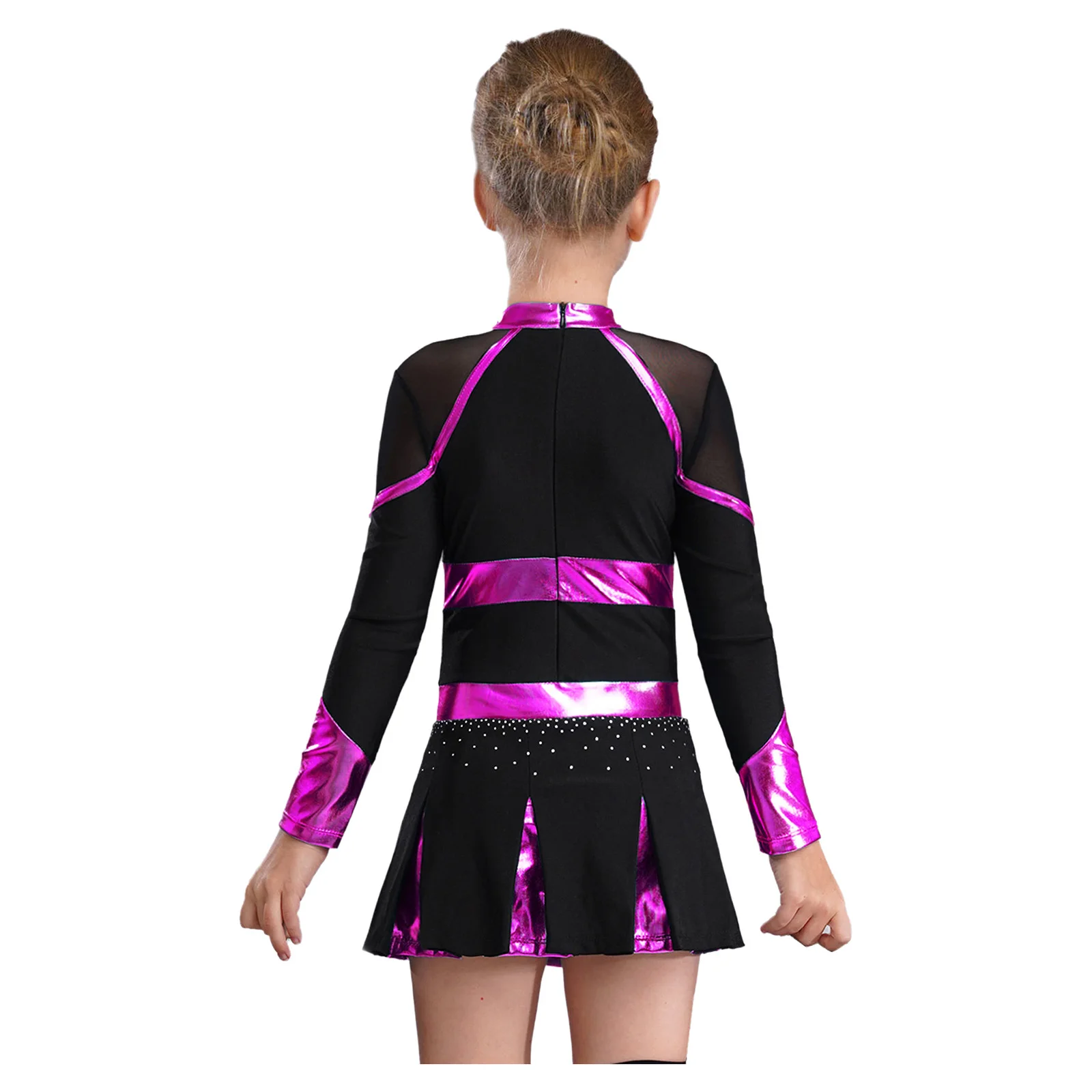 Kinder Mädchen Cheerleader Kostüm Musical Cheerleading Uniform Schulmädchen Glitzerndes Strass Metallic Langarm Plissee Kleid – Detail 32