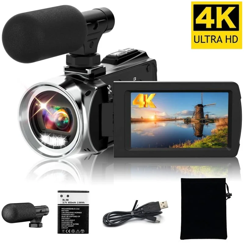 4K Camcorder with Microphone 18X Zoom Infrared Vlogging Video