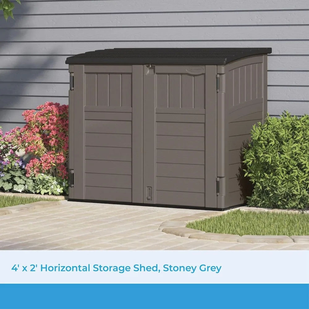 

Modernist 4' x 2.5' Lockable Outdoor Garden Resin Low Profile Horizontal Storage Shed with 3 Doors, 34 Cubic Feet, Gray