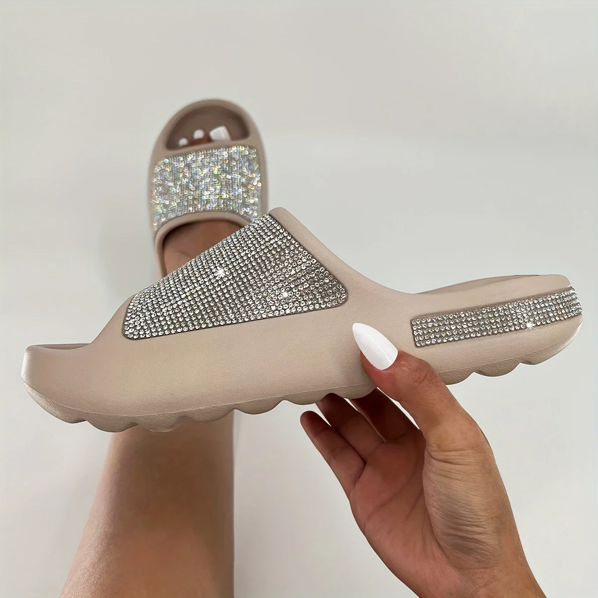

Women's Rhinestone Decor Pillow Slides, Slip On Open Toe Soft Sole Thick Bottom Shoes, Glitter Comfy Summer Shoes