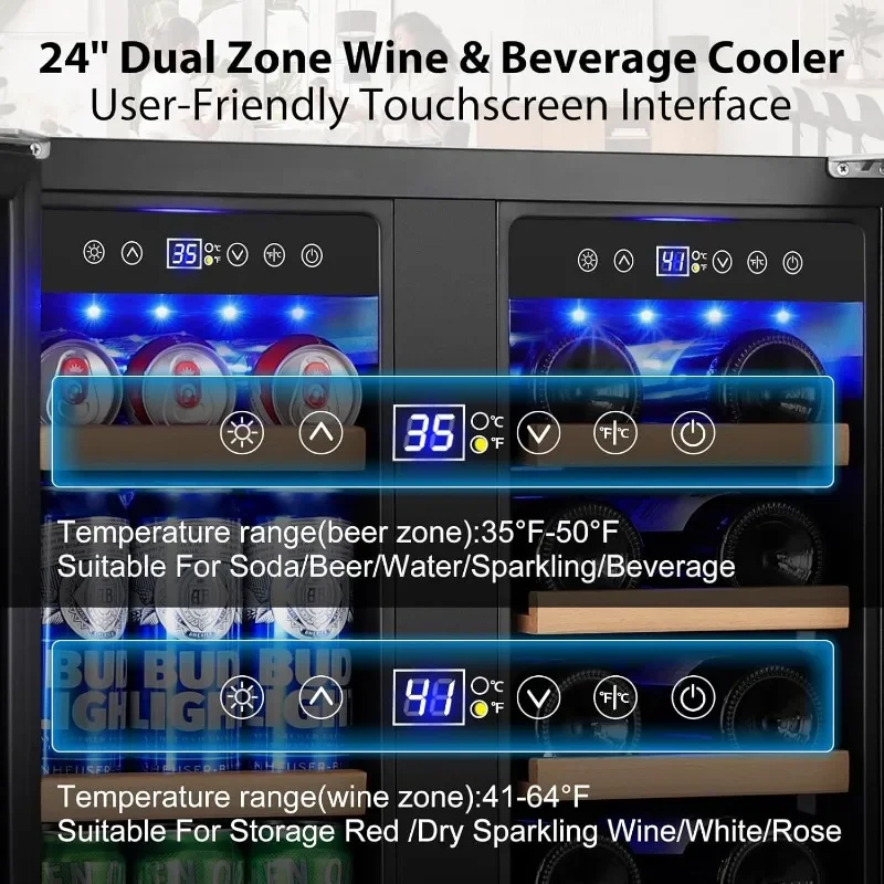 Wine & Beverage Refrigerator 24''-Dual Zone Beverage Fridge with Upgraded Cooling, Built-in or Freestanding