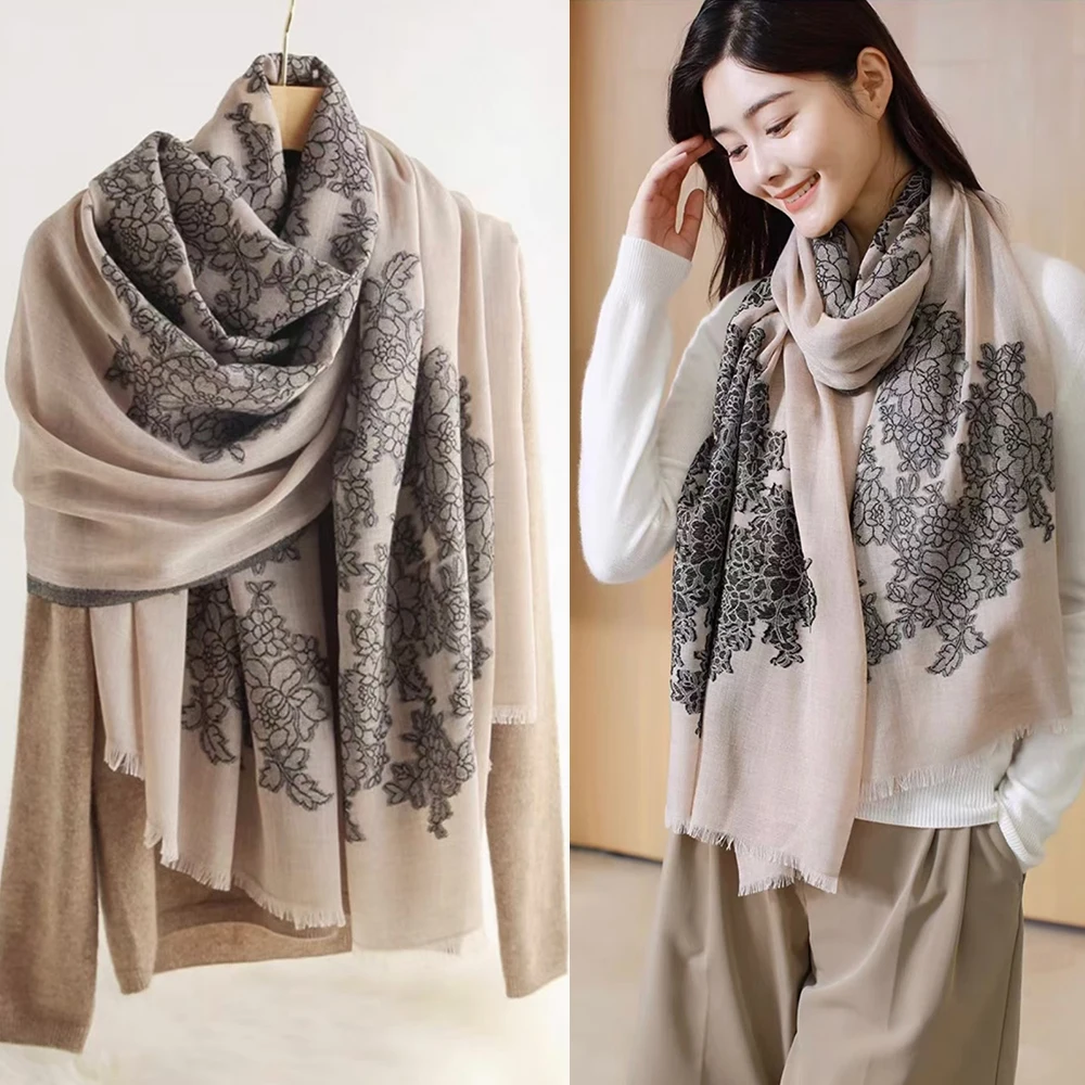 Elegant Winter Pashmina Scarf Wrap with Embroidered Design - Multiple Color Options