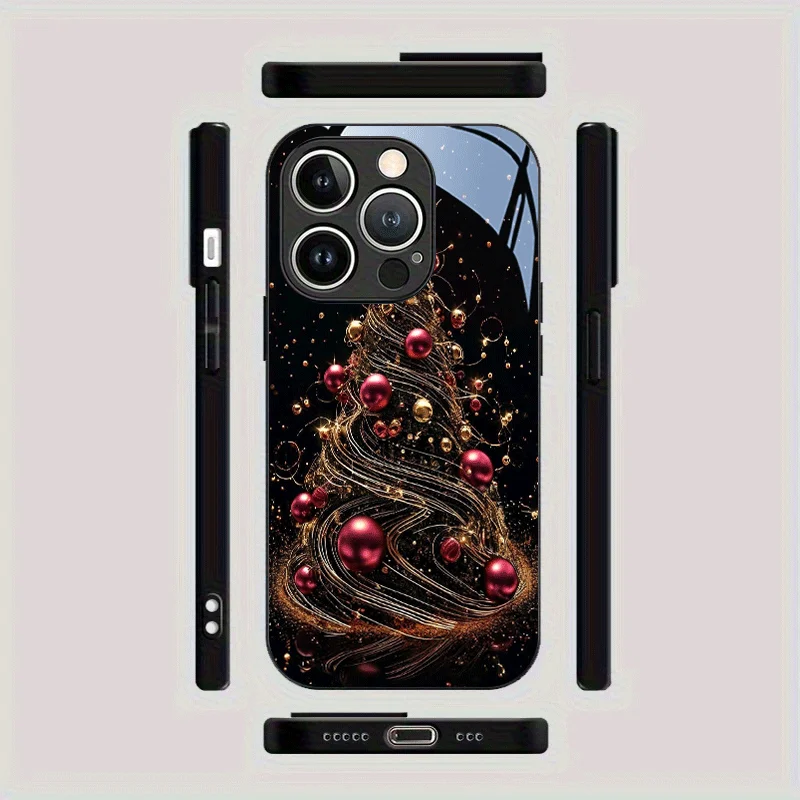 Black Tempered Glass Phone Case with Ornate Red and Golden Christmas Tree Design