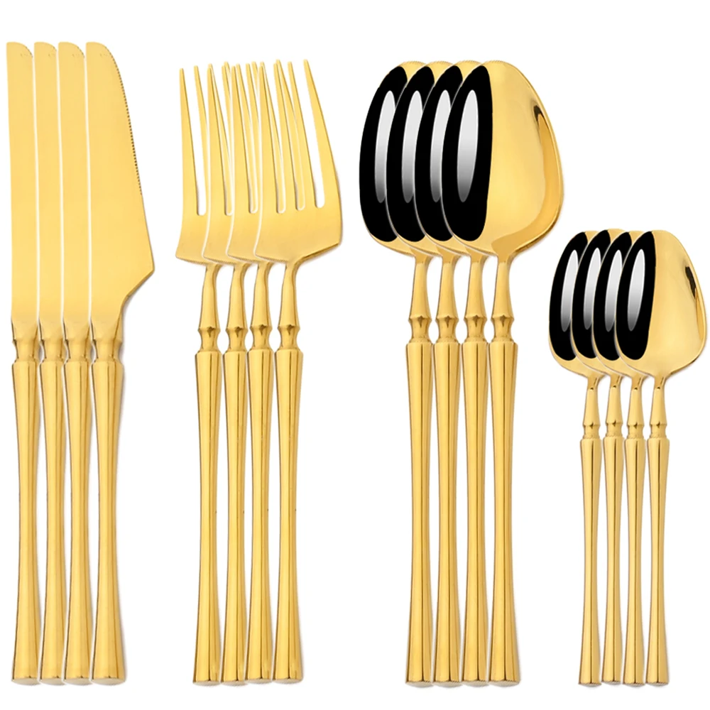 

18/10 Gold Dinnerware Set 16pcs Stainless Steel Tableware Set Knife Fork Spoon Flatware Set Dishwasher Safe Cutlery Set Gift Box