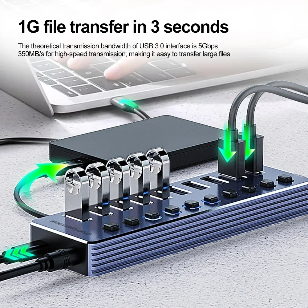 Aluminum 7-Port USB 3.0 Hub with On/Off Switches and Power Adapter