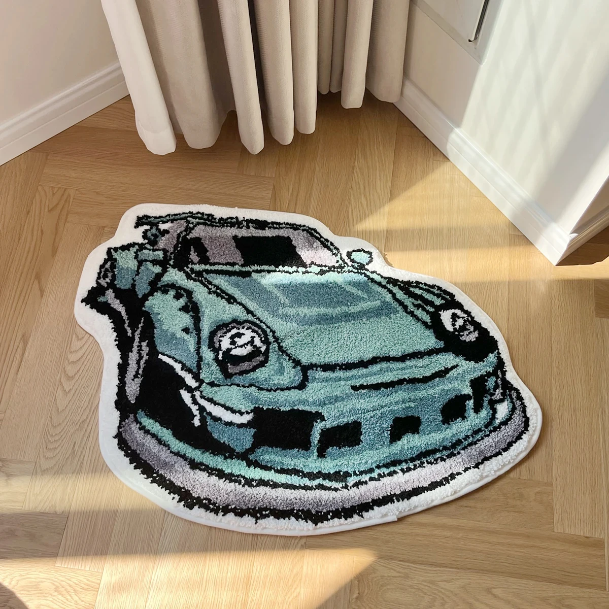 Green Enthusiast Racing Car Flocking Rug