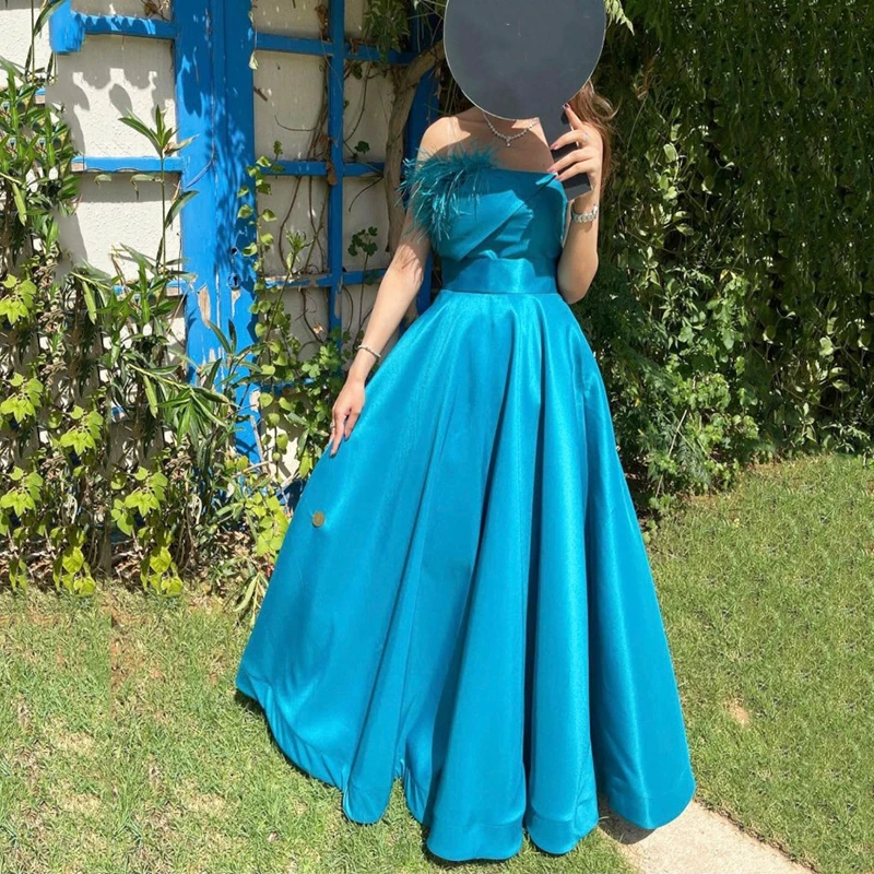 

UZN Elegant Blue A-Line Evening Dresses Strapless New Arrive Prom Dress Sleeveless Feather Saudi Arabia Party Gowns Custom Size
