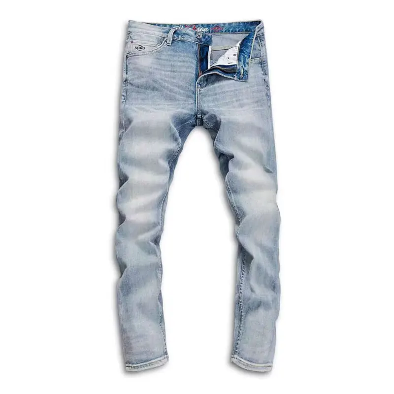 Fashion Street Men's Jeans Vintage Blue Elastic Slim Fit Split Jeans Washed by Designer Hip Hop Brand Pants