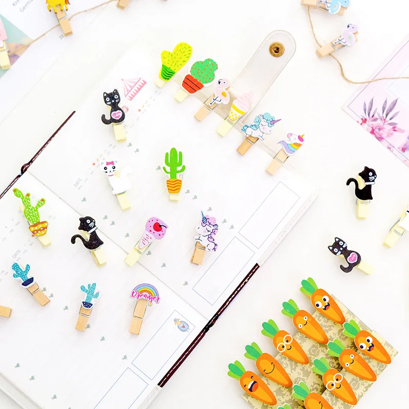 Paper Clips Binder Clips Wooden Clips 10Pcs Mini Wooden Clip Creative Cartoon Kawaii Cat Unicorn Modeling