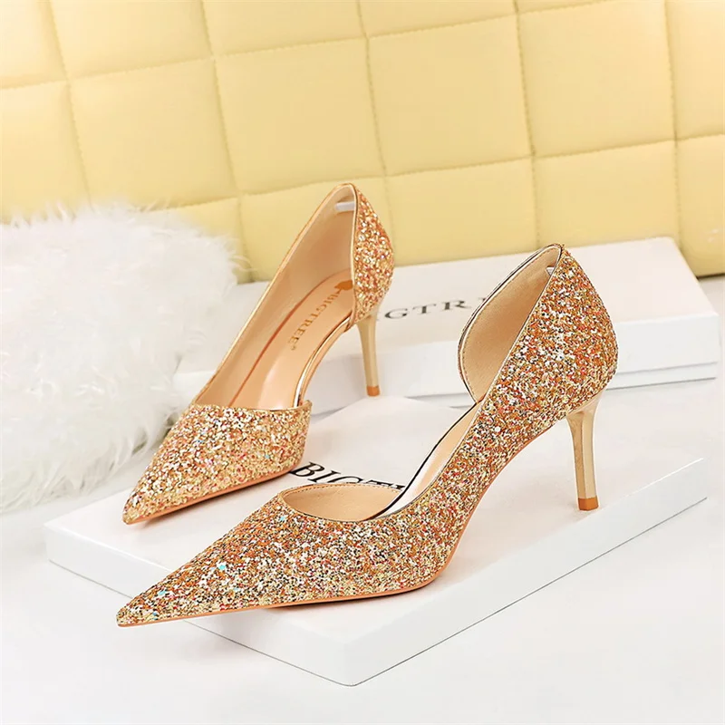 Women Shallow Mouth Pointed Super High Heels Blue Gold Pumps Sexy