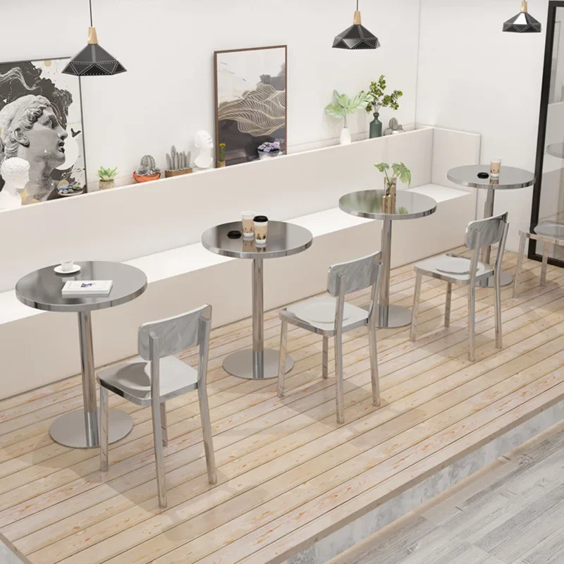 Industrial style stainless steel dining furniture durable all stainless steel tables and chairs coffee shop milk tea shop suppor
