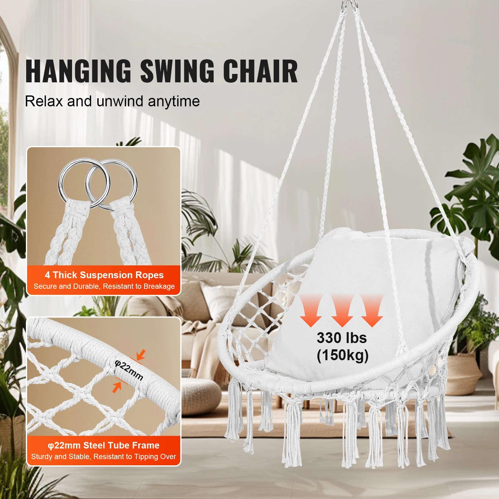 Hanging Hammock Swing Chair 330lbs Macram&eacute; Hanging Chair Cotton Rope Swing for Bedroom Balcony Patio Garden White