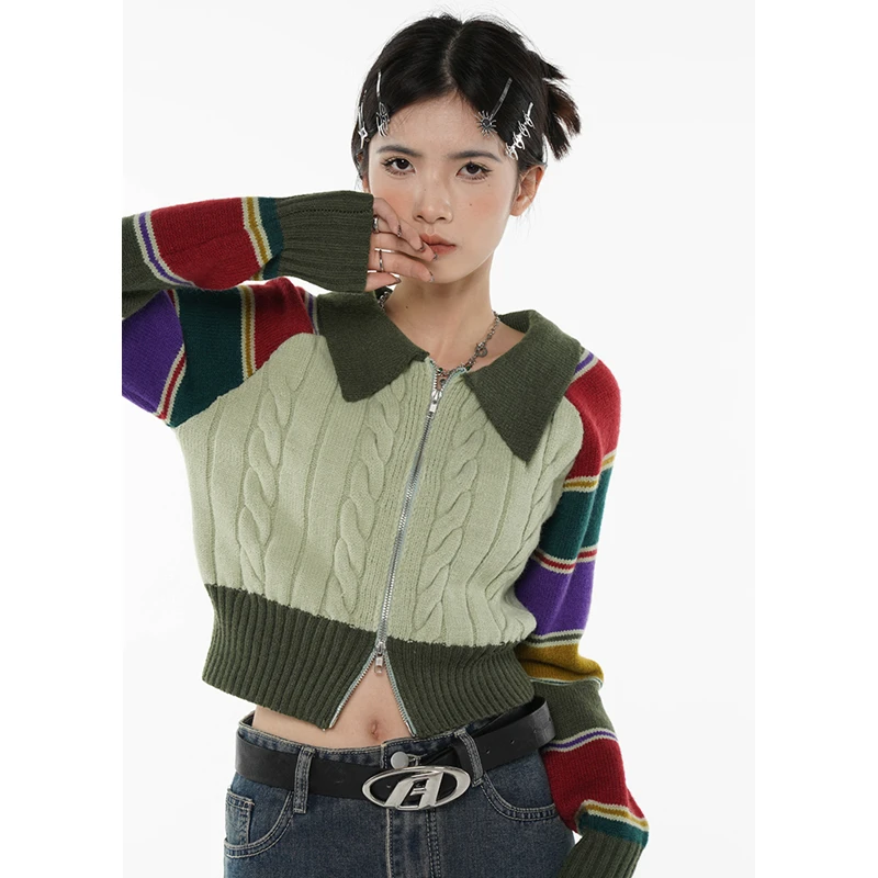 Women Green Stripe Short Sweater POLO Collar Color Contrast Fashion Retro Lazy Wind Winter Long Sleeves Knitting Cardigan Coat