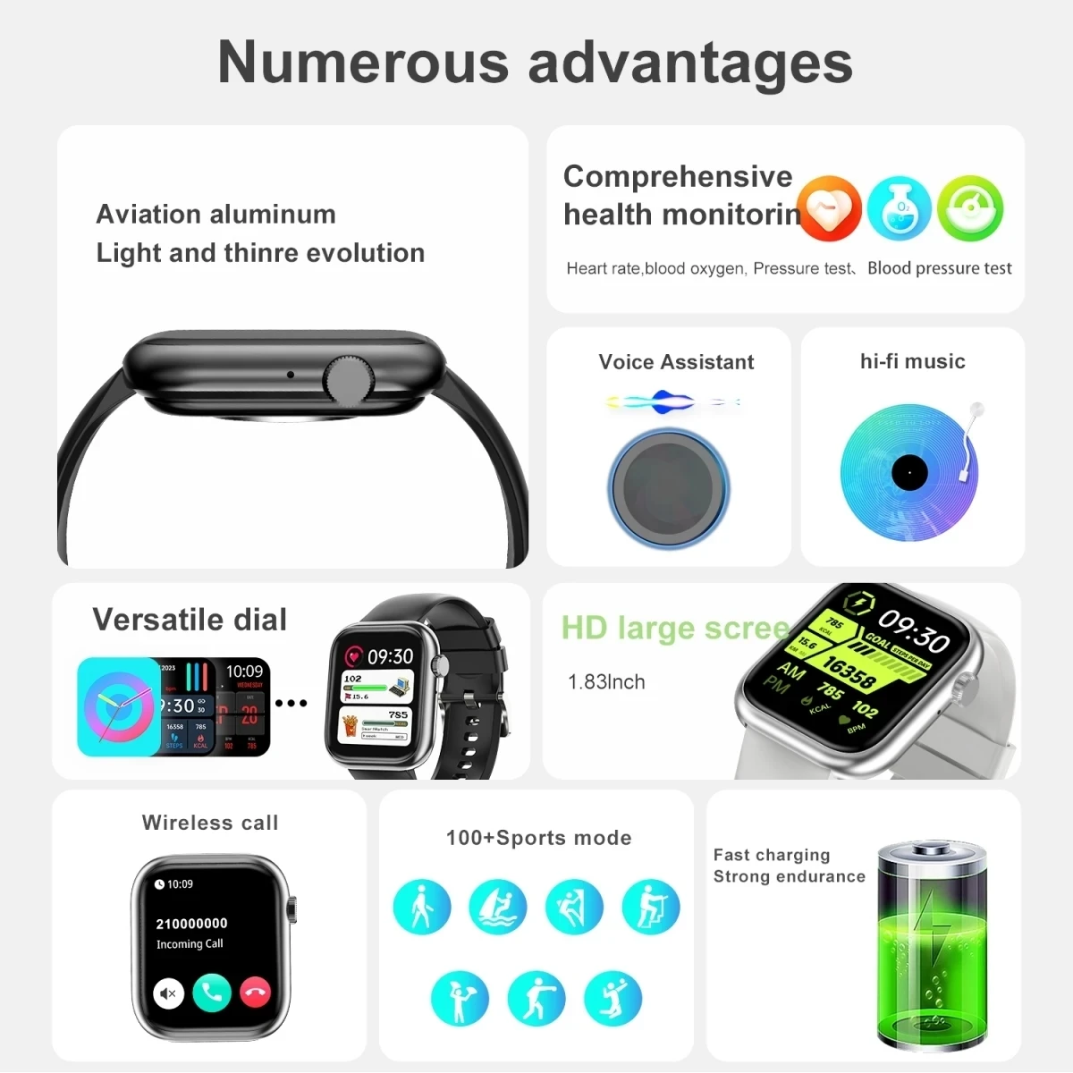 Cubot KingKong AX Ace 3 KingKong9 스마트 워치 블루투스 토크, 심박수 및 혈압 모니터링, 건강 단계 운동