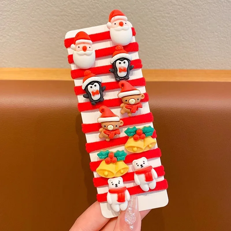 10 Stück-1 Packung Mädchen-Haargummis, niedliches Weihnachtsdesign, Weihnachtsmann, Rentier, Baum, Schneemann, Haarschmuck, Geschenke für das neue Jahr – Detail 9