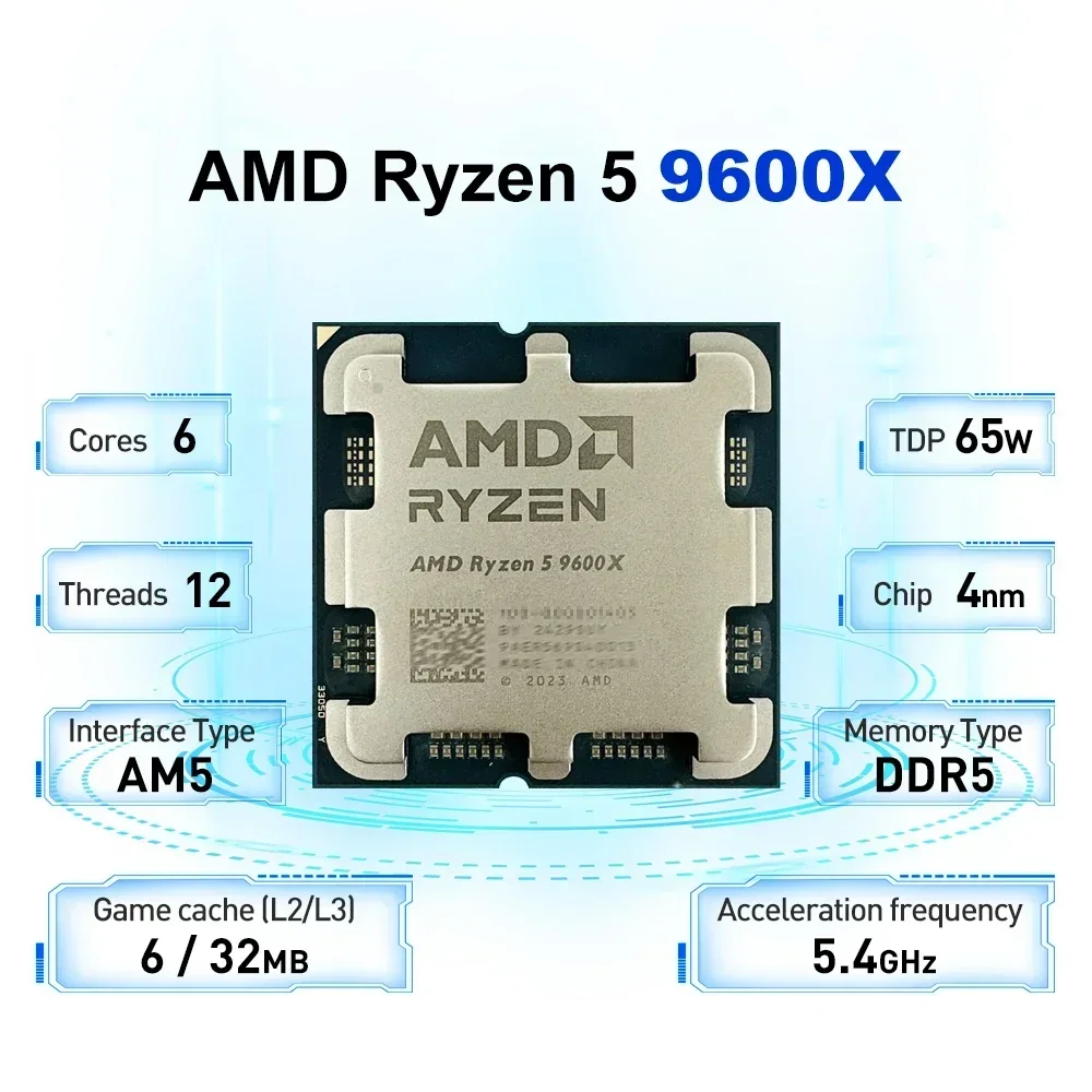 AMD 라이젠 5 9600X 65W 전력 효율 게이밍 CPU 6코어 12스레드 5.4GHz AM5 4nm 32MB 캐시 쿨러 미포함