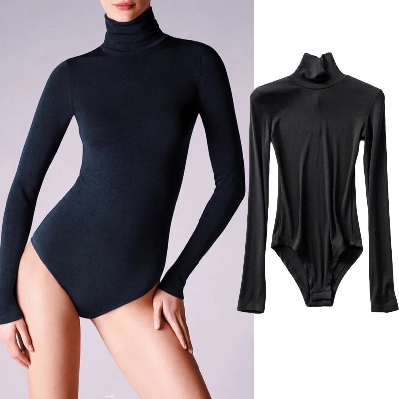 

Women Knitted Solid Color Turtleneck Bodysuit Tops 2024 Spring Autumn Long Sleeve Elastic Slim Jumpsuits American Versatile Hot