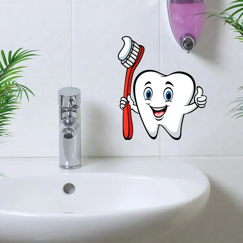 Cartoon Tooth & Toothbrush Wall Decal Self-Adhesive for Bathroom Shower Room Decor Creative Art Wallp Pape
