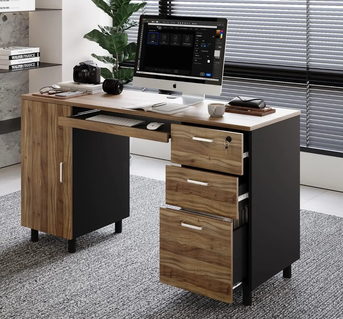 Modern Design By Crafts & comfort Venice Computer Desk - Office Desk with 3 Drawers & CPU Storage Cabinet - Laptop Workstation