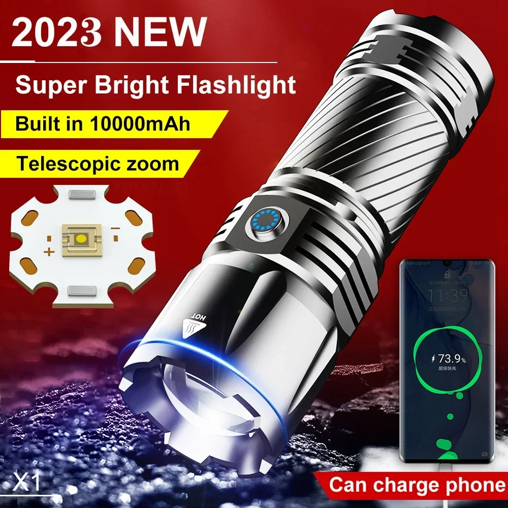 

8000M Long Shot Spotlight Flashlight Built in Battery Powerful Rechargeable Tactical Flashlight Zoomable Waterproof for Camping
