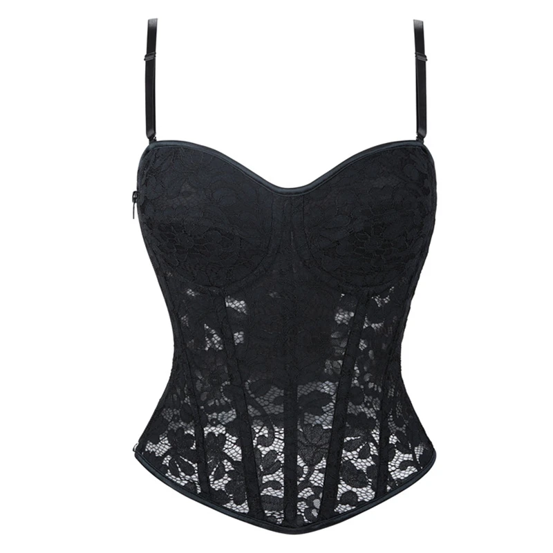 Women Lace Floral Corset Top Sexy Black Mesh Transparent Bra Side Zip Bustier Vest Gothic Spaghetti Strap Embroidery Party Camis