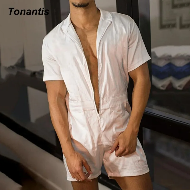 Fashion Men's Bodysuit Men Overall Shorts Zipper Temperament Slim Short Sleeve Romper Shorts Male Men Jumpsuit Streetwear