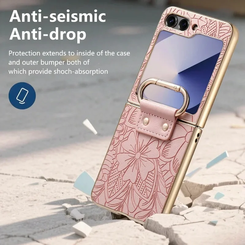 Leather Embossed Flower Phone Case with Ring Buckle and Electroplated Shockproof Design