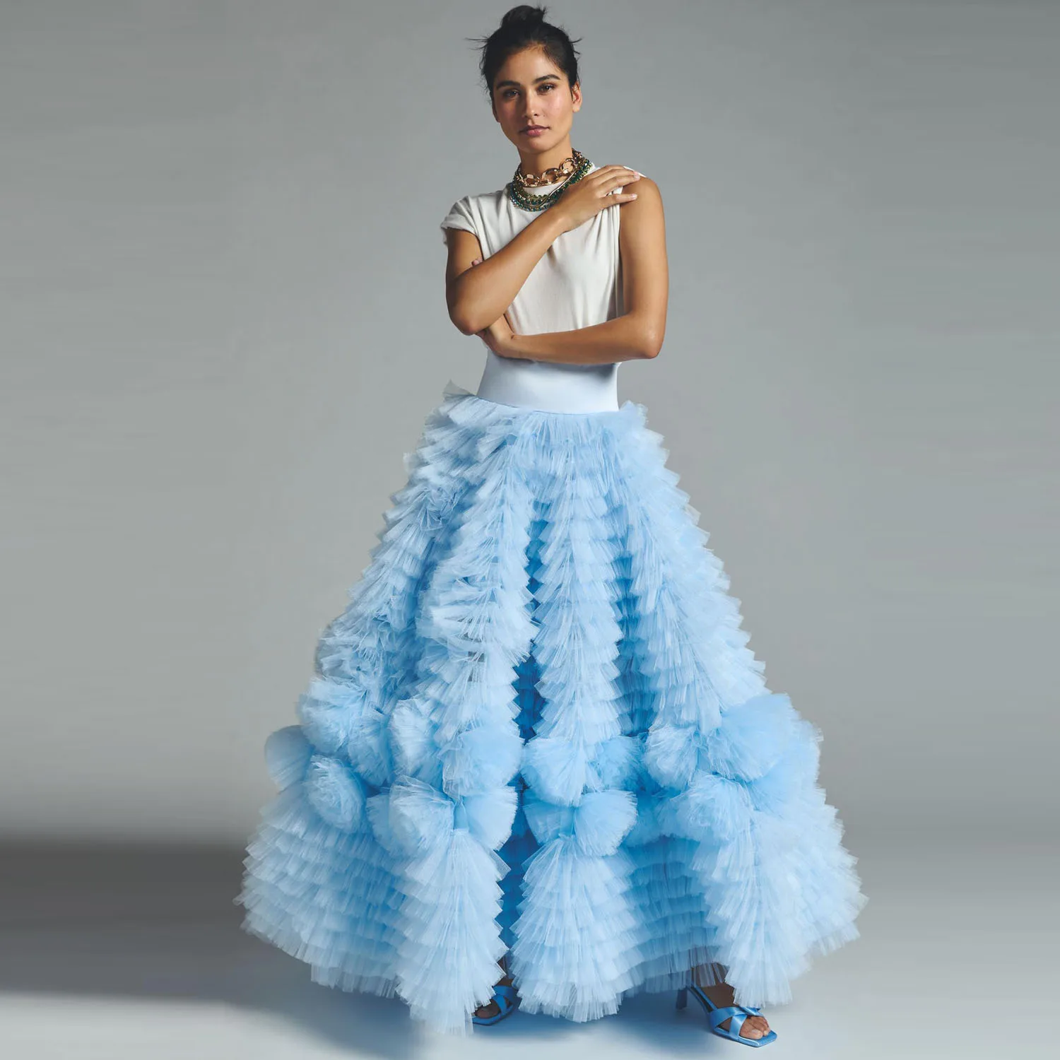 

Dreamlike Sky Blue Tulle Trim Floral A-line Bridal Skirts Lace Up Waistband Fluffy Tiered Tutu Tulle Long Women Skirt Maxi Skirt