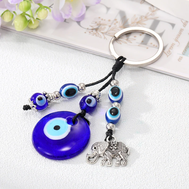 Portachiavi Rotondo Blu Malocchio Elefante Portachiavi Per Uomo Donna Trendy Vintage Glass Turkish Lucky Eye Nappa Bag Car Key Jewelry