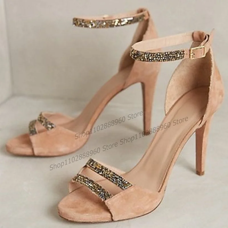 

Shallow Pink Flock Crystal Decor Sandals Stilettos High Heel Cover Heel Women Shoes Ankle Lace Peep Toe 2023 Zapatos Para Mujere