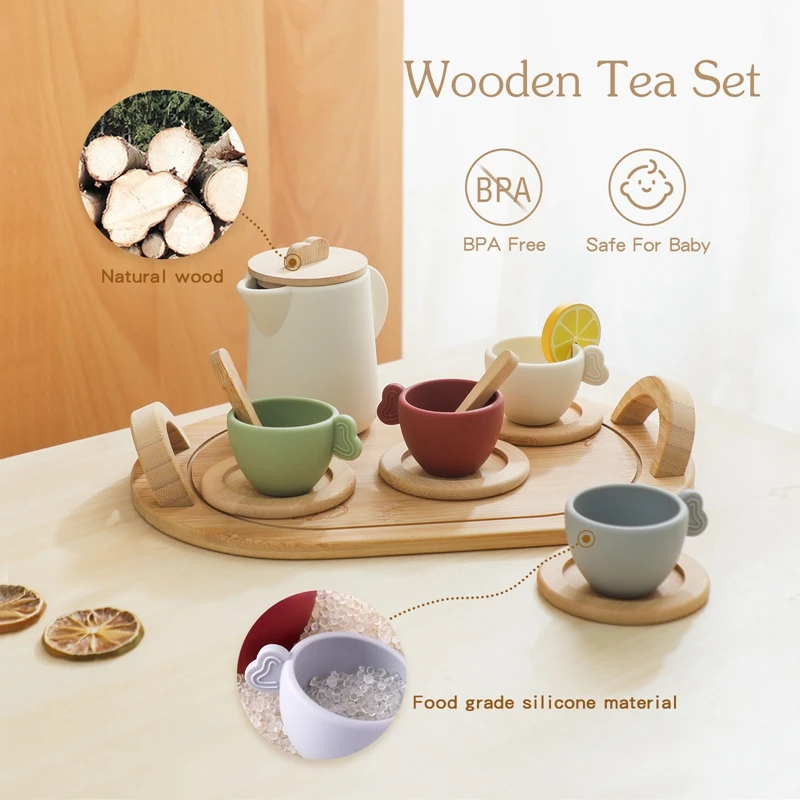 Wooden Children Montessori Toy Teapot Teacup Simulation Kitchen Utensil  BPA Free Silicone Kid Education Pretend Play Toy Gift 5