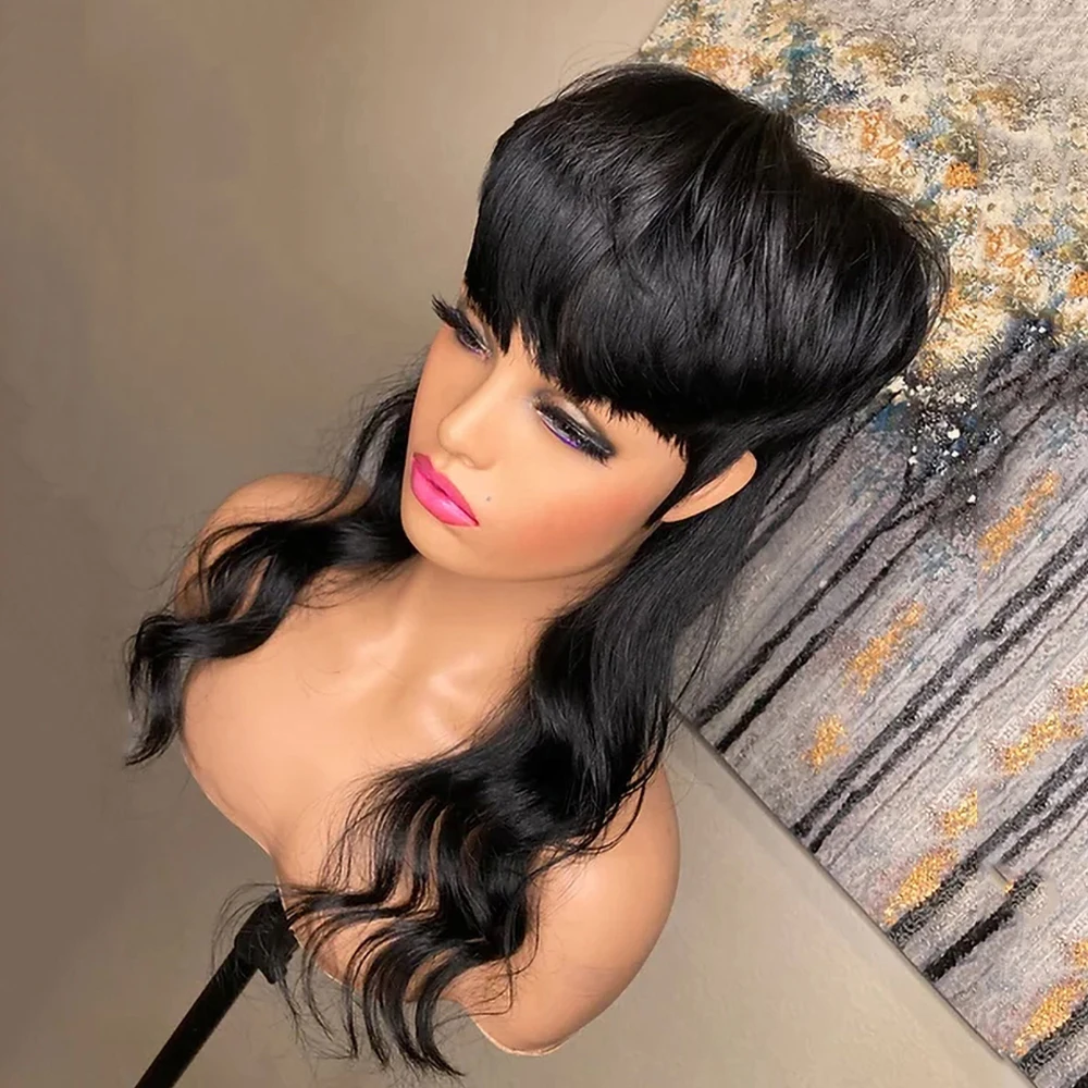 

Dovetail Full Machine Made Wig With Bangs Short Pixie Cut Wavy Brazilian Non Remy Human Hair Glueless Wigs Mullet Wigs For Women