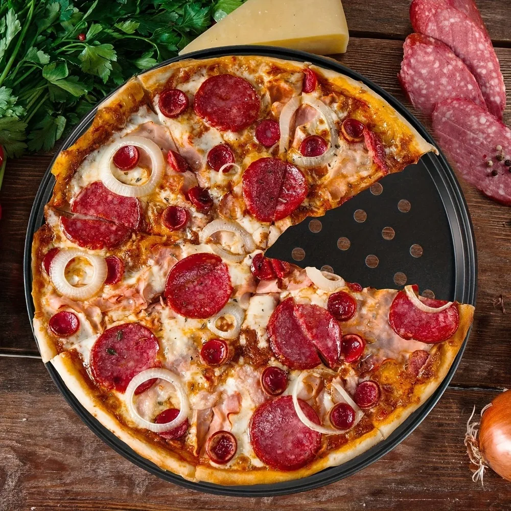 Carbon Steel Non-Stick Perforated Pizza Pan Set - 3-Piece Round Baking Tool for Crispy Crusts