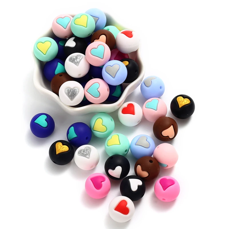 Colorful Silicone Chewing Beads 15mm Round Heart Teether Beads For Jewelry Making Accessory DIY Bracelet Pacifier Chain 10Pcs teething toys silicone teething toys baby teething toys silicone beads silicone teething beads