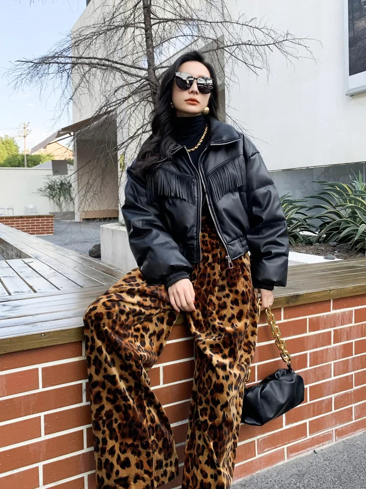 Vintage Leopard Print Gold Velvet Trousers Female Spring Autumn New Streetwear Loose Women's High Waist Wide-Leg Straight Pants