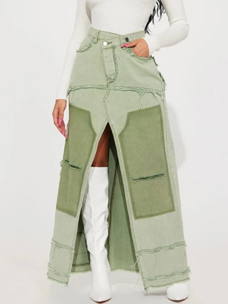 

RDMQ 2023 New Colorblock Split Casual Loose Skirts For Women High Waist Patchwork Button Irregular Denim Skirt Female Fashion