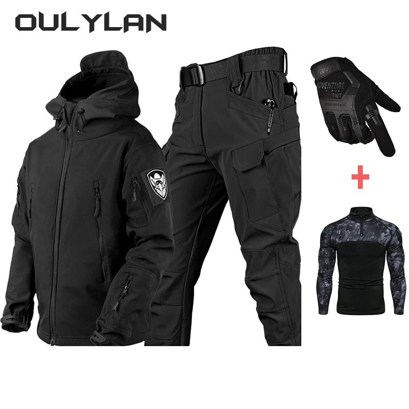 

2024 Outdoor Men's Tactical Set Warm Shark Skin Set Mountaineering Suit Gloves Jacket T-shirt Pants Set for Spring Autumn Winter