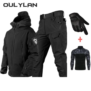 2024 Outdoor Men's Tactical Set Warm Shark Skin Set Mountaineering Suit Gloves Jacket T-shirt Pants Set for Spring Autumn Winter 1