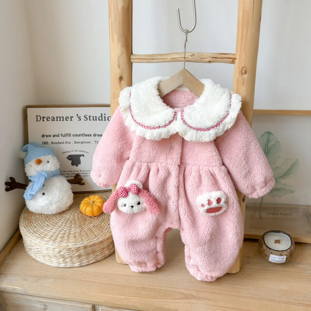 2025 Winter New in Kids Baby Girls Thicken Plush Warm Outfits ,toddler Infant Peter-pan Collar Jumpsuits Newborn Romper 0-24M