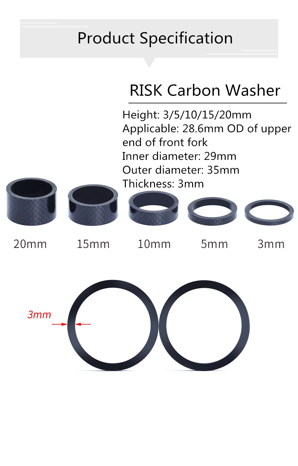 RISK 자전거 탄소 스템 스페이서, MTB 와셔 프론트 포크 28.6mm, MTB 자전거 방향 스페이서 스템 스페이서, 3K 광택, 3mm, 5mm, 10mm, 15mm, 20mm